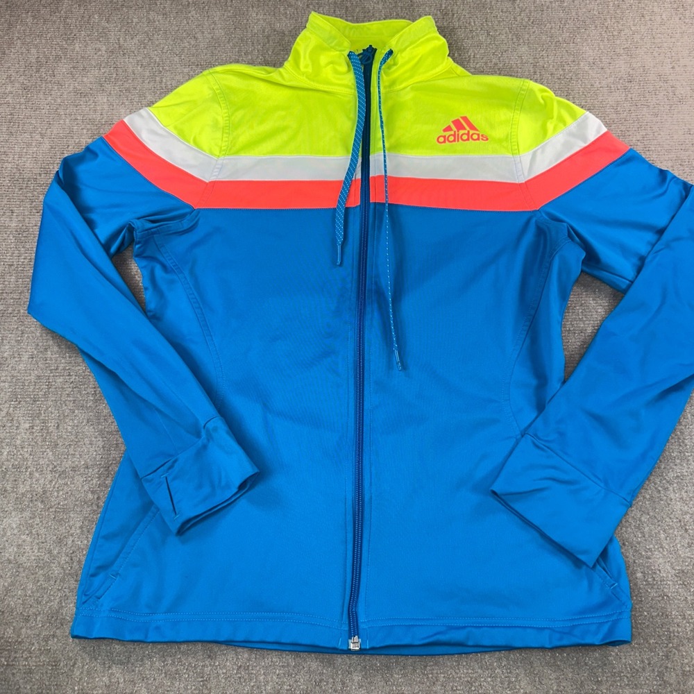 Adidas Womens Colorblock Full Zip Track Jacket Blue Neon Yellow Coral Size M